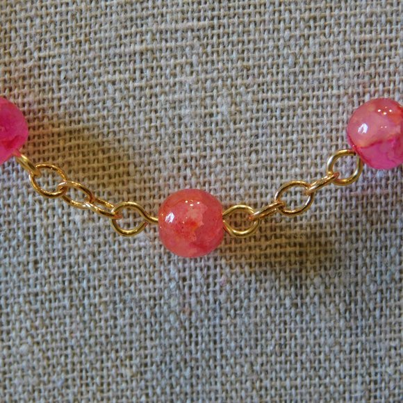 Handmade Gold Tone Chain & Glass Pink Beaded Necklace - 18" - Picture 3 of 4